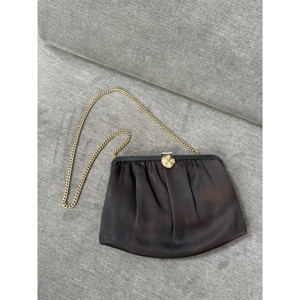 Vintage Andé Black Satin Evening Clutch With Gold-Tone Chain Strap & Clasp